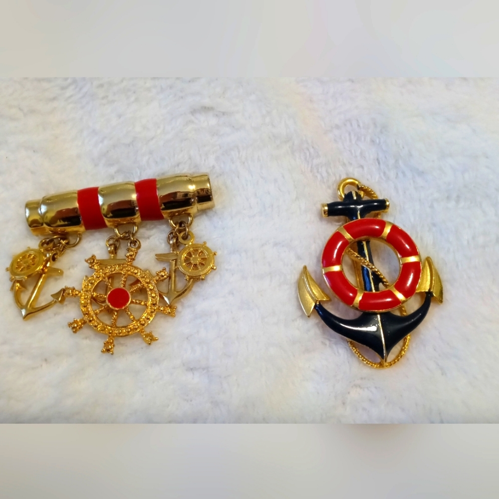 Vintage enamel nautical brooches set of 2
